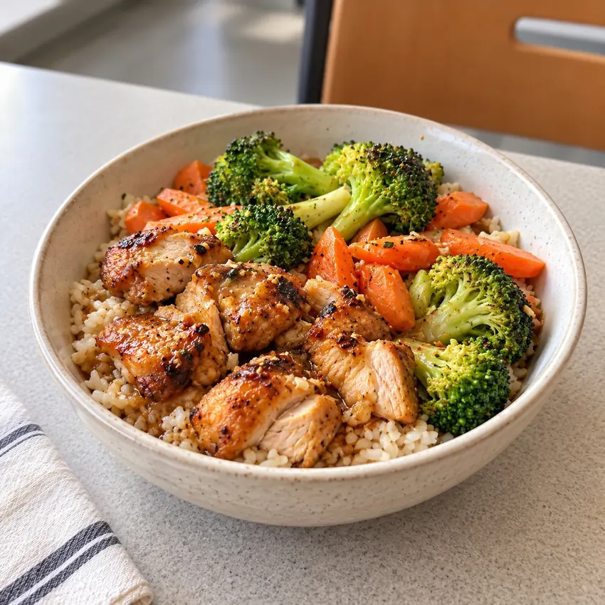 Bol de poulet grillé, riz, brocoli et carottes