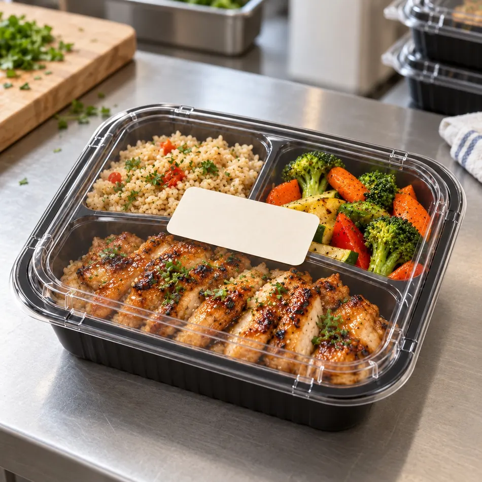Plat de poulet et légumes en barquette compartimentée avec couvercle